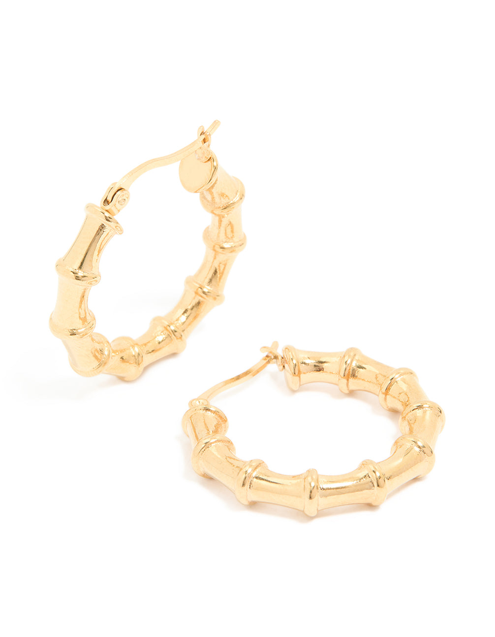 Featuring waterproof statement hoop earrings crafted from gold plated stainless steel with textured bamboo design front view