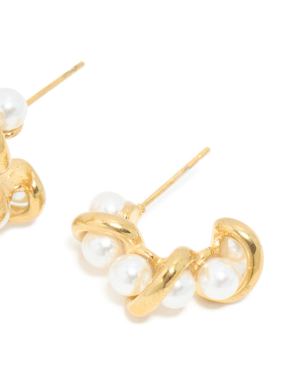 Waterproof Gold Plated Stainless Steel Pearl Wire Hoop Earrings