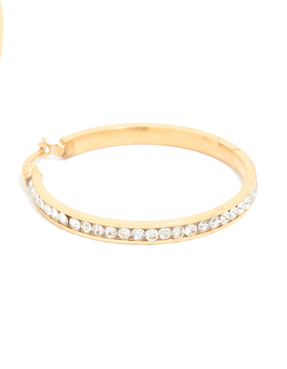 Highlighting waterproof gold plated stainless steel diamante hoop earrings with closure mechanism post detail view