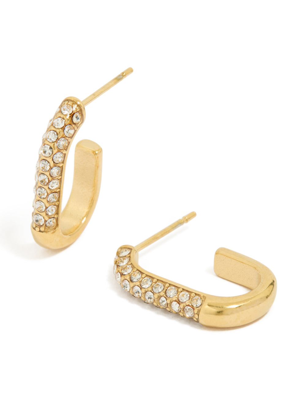 Showcasing waterproof gold plated stainless steel diamante half oval hoop earrings front view