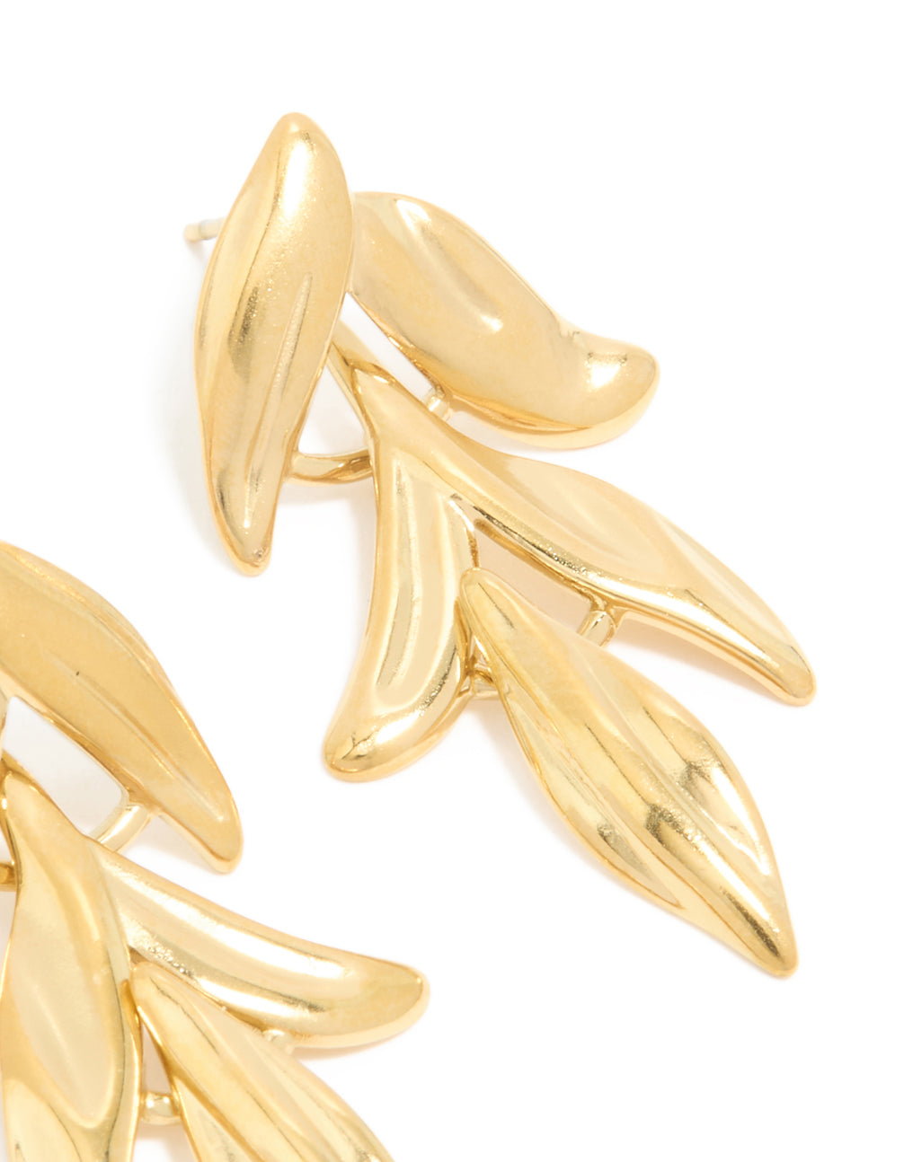 Displaying waterproof gold plated stainless steel cascading leaf drop stud earrings with closure post detail view