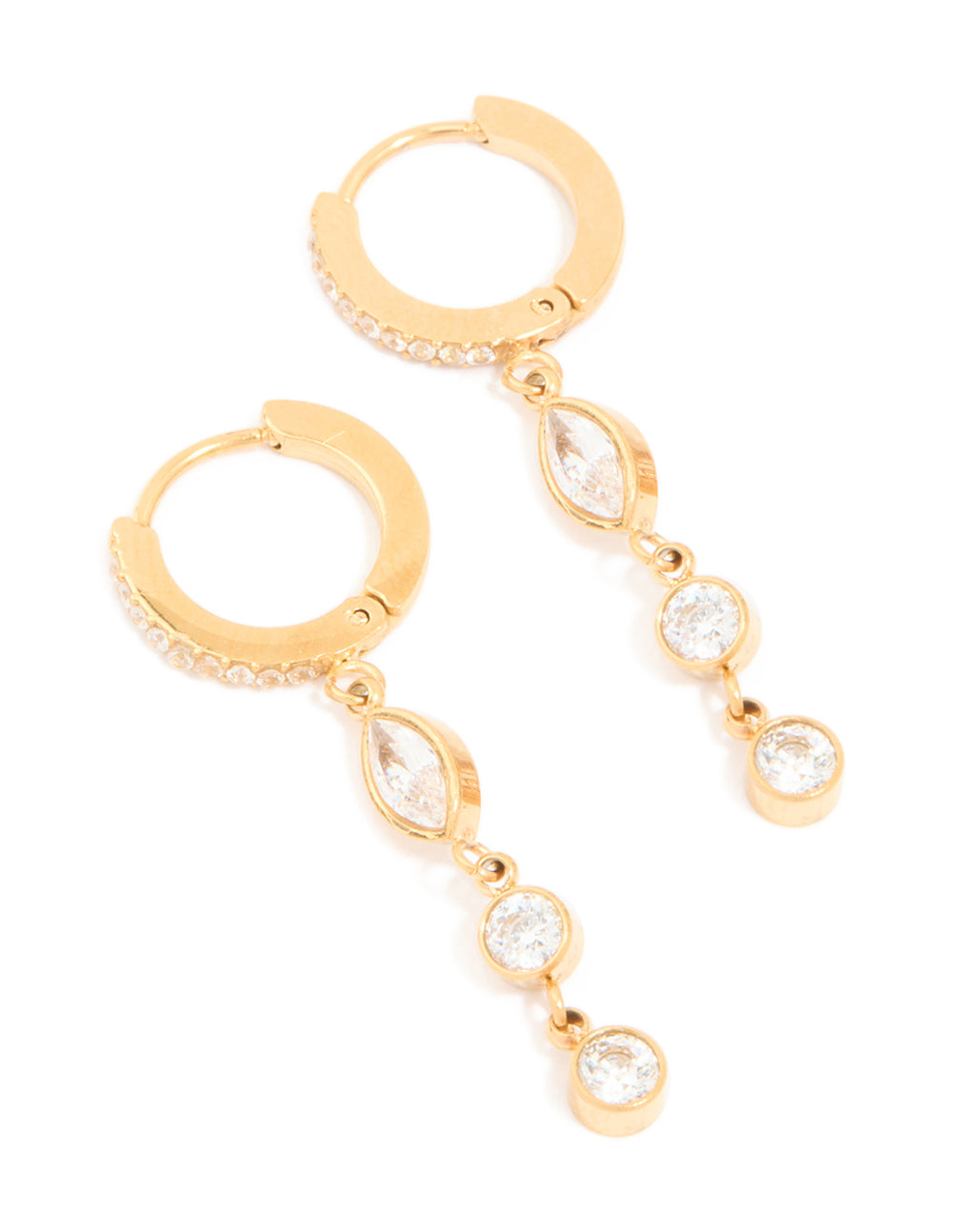 Showcasing waterproof gold plated stainless steel cubic zirconia droplet huggie earrings front view
