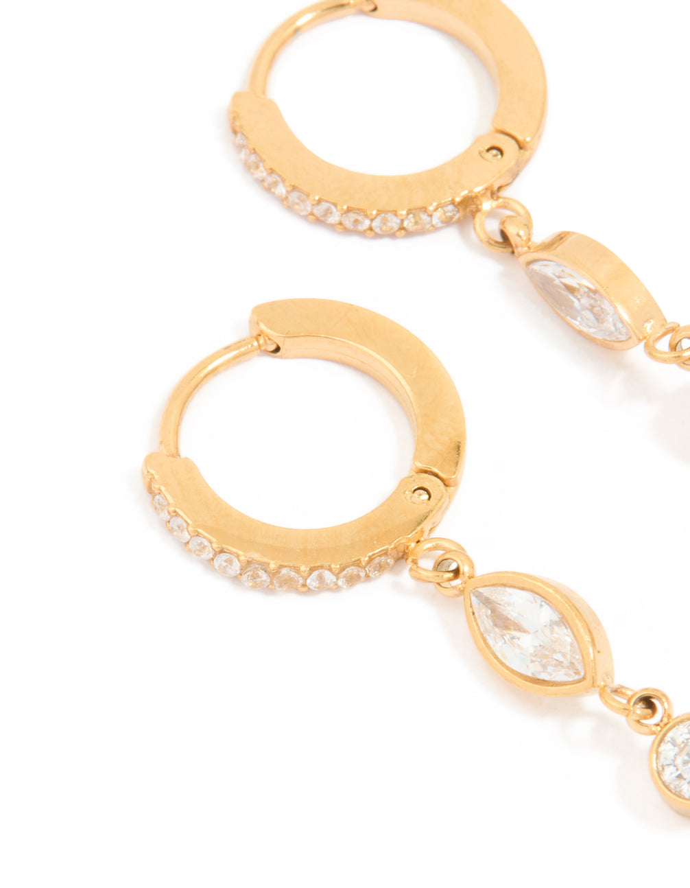 Designed with waterproof gold plated stainless steel cubic zirconia droplet huggie earrings close up view