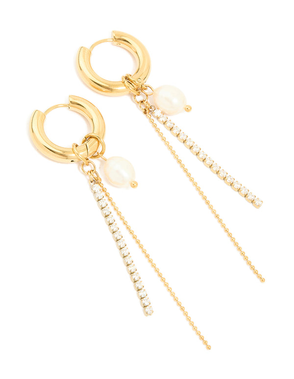 Waterproof Gold Plated Stainless Steel Freshwater Pearl & Diamante Cup Chain Huggie Earrings
