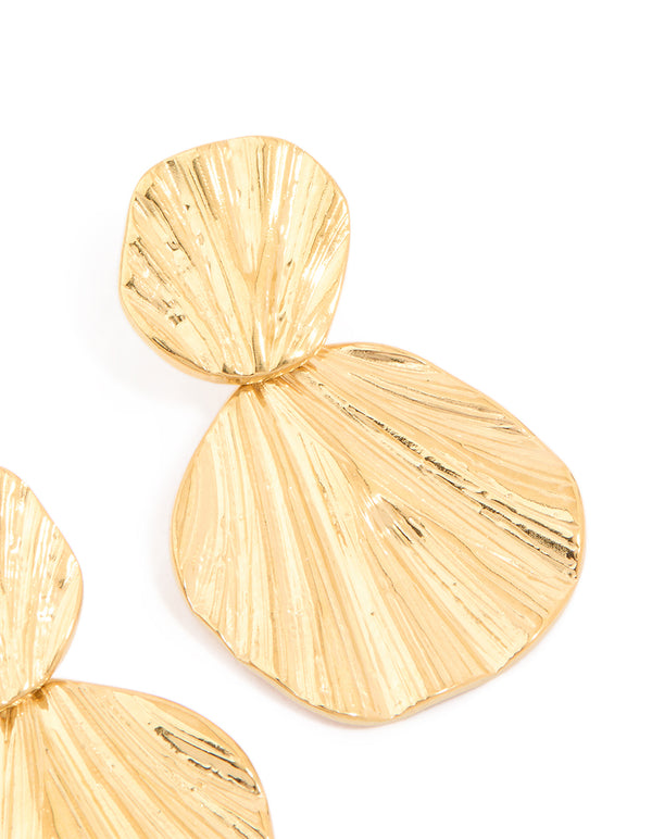 Waterproof Gold Plated Stainless Steel Double Textured Drop Earrings