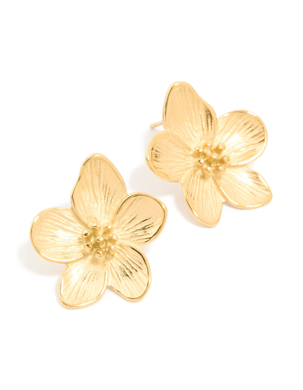 Showcasing floral earrings crafted from waterproof stainless steel with textured gold plated finish front view