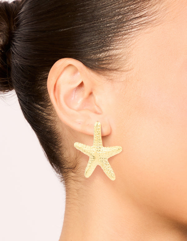 Waterproof Gold Plated Stainless Steel Statement Starfish Stud Earrings