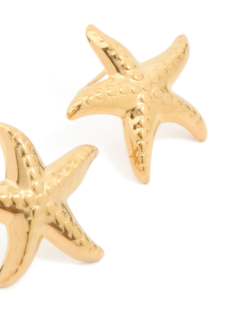 Capturing waterproof starfish stud earrings crafted from gold plated stainless steel with ocean-inspired texture post detail view