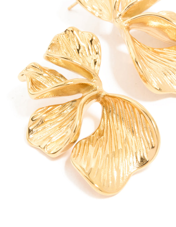 Waterproof Gold Plated Stainless Steel Ribbed Petal Stud Earrings
