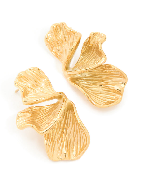 Discover these waterproof stainless steel earrings with gold plated fan petal design front view