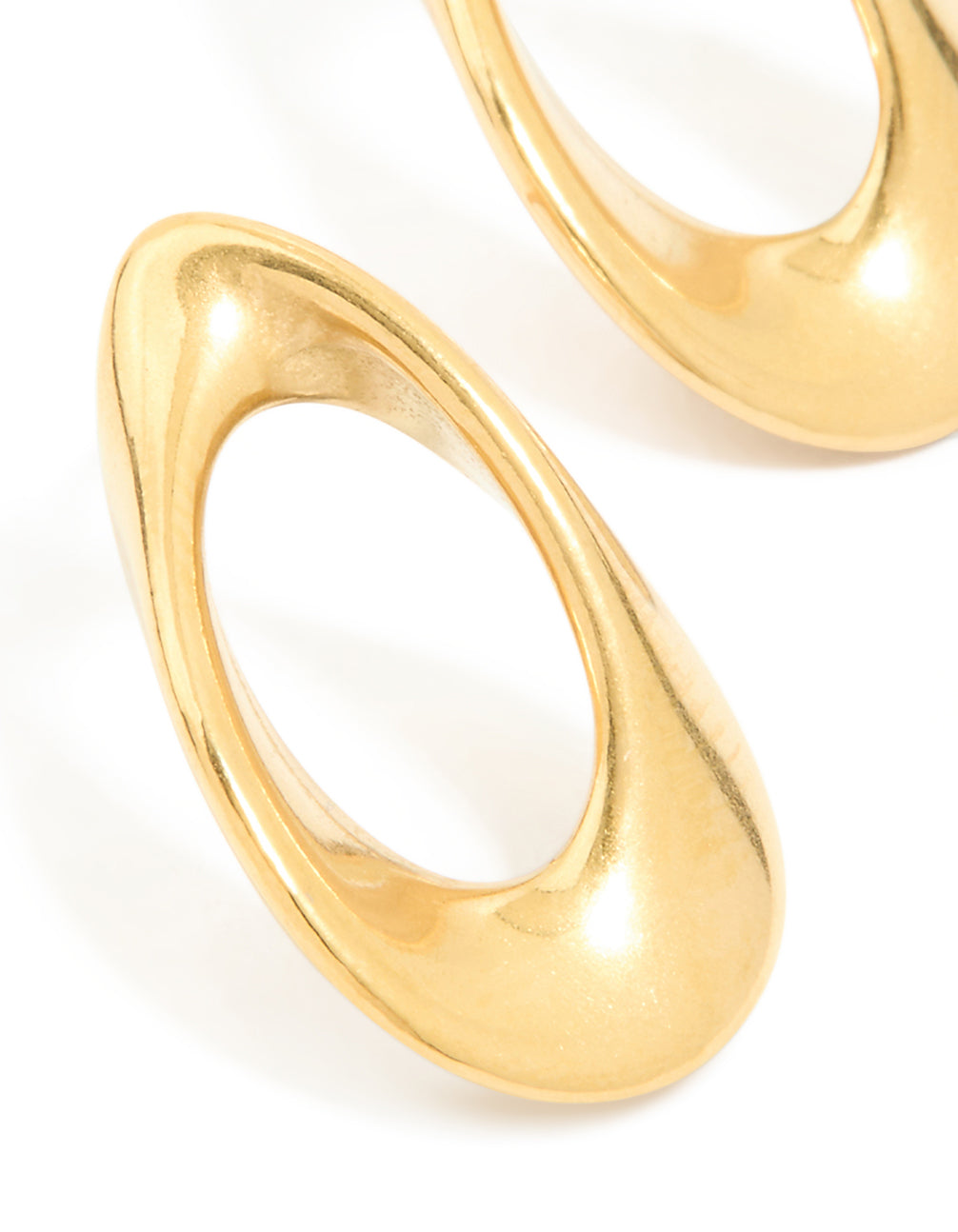 Displaying waterproof gold plated stainless steel mini open teardrop earrings close up view