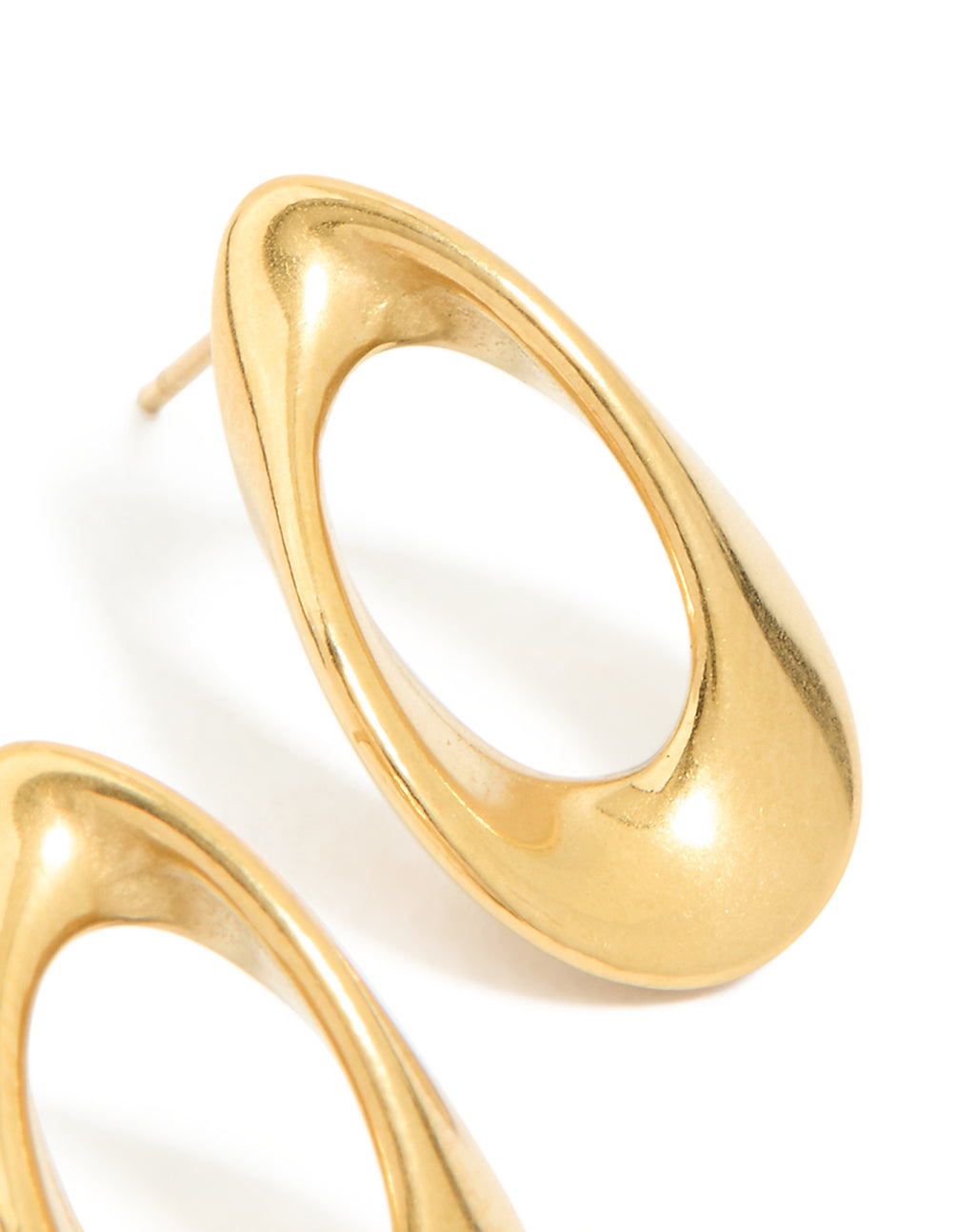 Presenting mini open teardrop earrings with waterproof gold plated stainless steel post detail view