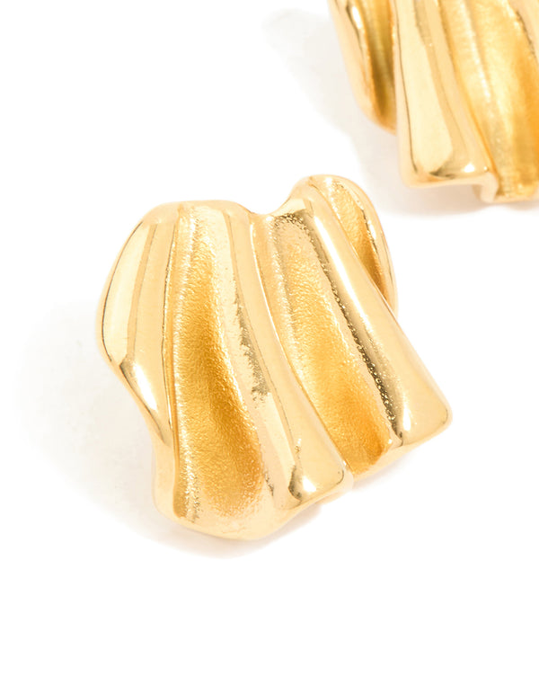 Highlighting waterproof gold plated stainless steel wavy fan stud earrings with textured finish in close up view