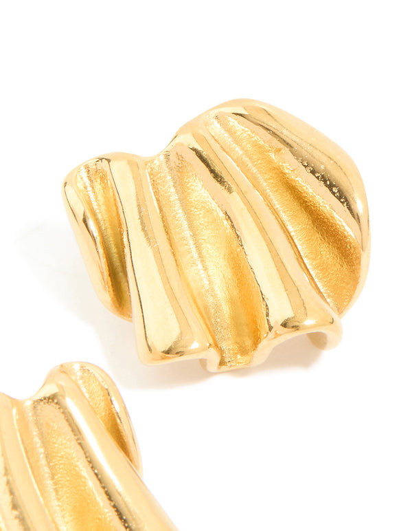 Presenting waterproof gold plated stainless steel wavy fan stud earrings showcasing post detail view