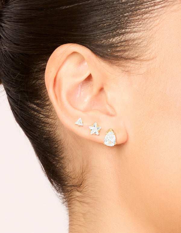 Discover waterproof gold plated stainless steel cubic zirconia mixed cut stud earrings 3-pack on ear view