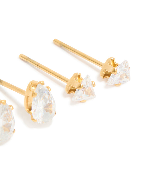 Crafted from waterproof gold plated stainless steel with cubic zirconia mixed cut studs in 3-pack post detail view