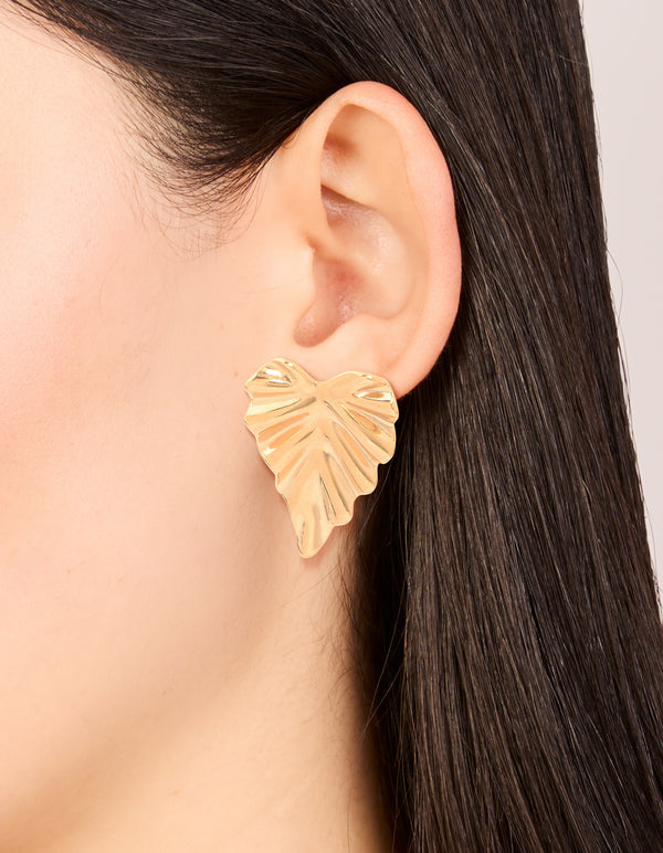 Waterproof Gold Plated Stainless Steel Palm Leaf Statement Stud Earrings