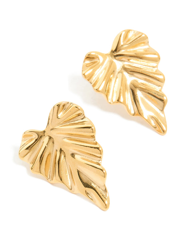 Waterproof Gold Plated Stainless Steel Palm Leaf Statement Stud Earrings