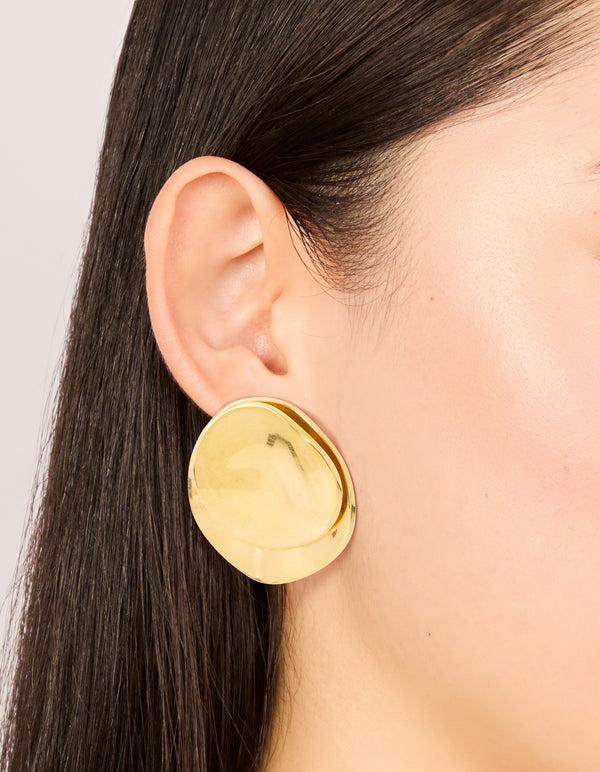 Waterproof Gold Plated Stainless Steel Double Crinkle Disc Stud Earrings