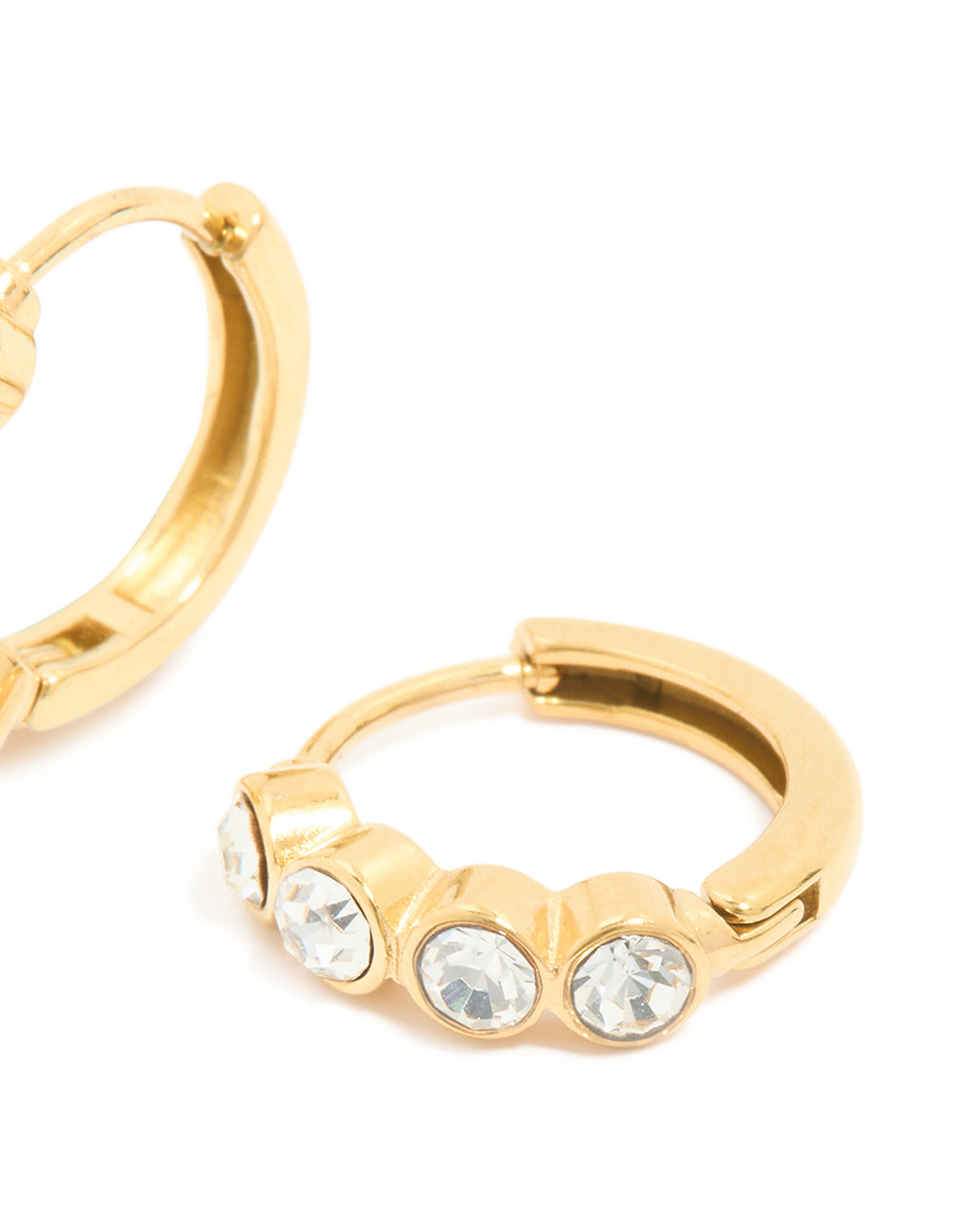 Designed with waterproof gold plated stainless steel cubic zirconia bezel and clear accents with huggie closure post detail view