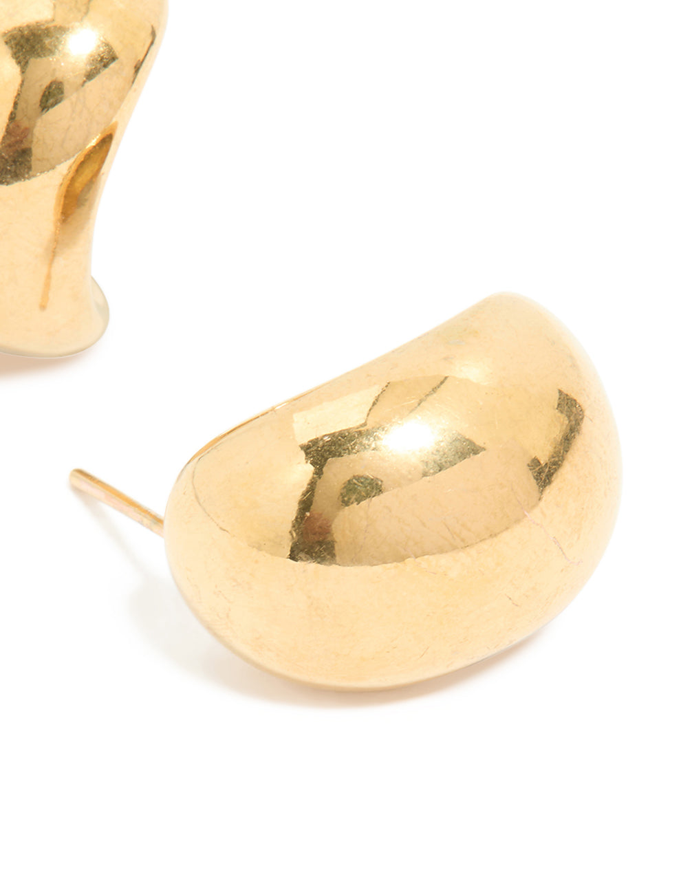 Displaying waterproof bubble hoop earrings with stainless steel construction and plated finish in gold close up view