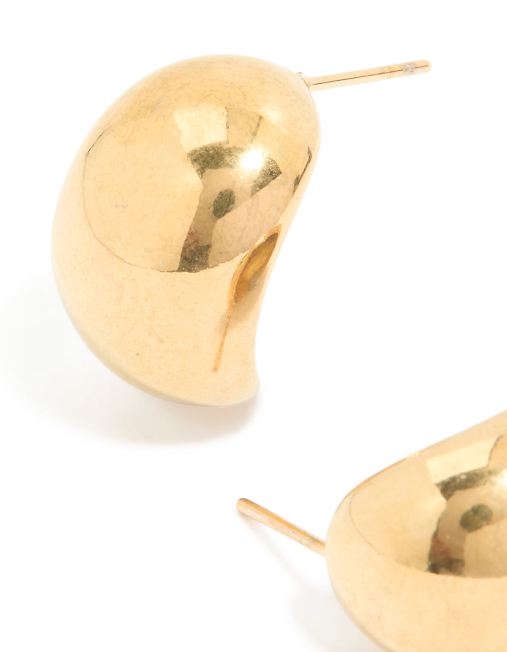 Highlighting waterproof bubble hoop earrings in stainless steel with plated finish and gold color post detail view