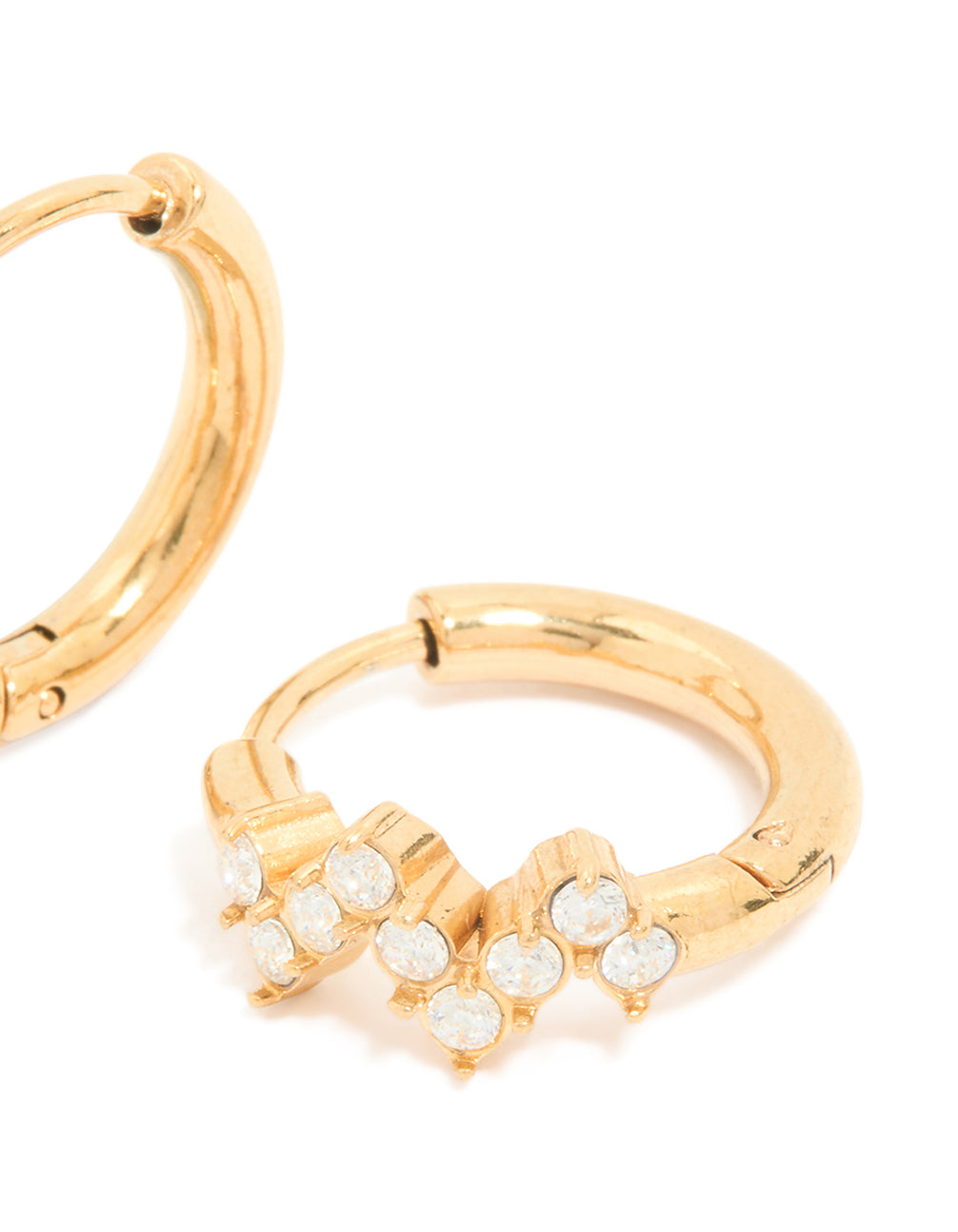 Showcasing waterproof gold plated stainless steel cubic zirconia zig zag huggie earrings in clear post detail view