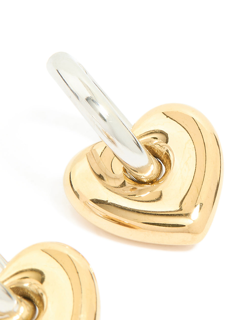 Presenting waterproof mixed metal plated small heart huggie earrings crafted from stainless steel in gold and silver tones post detail view