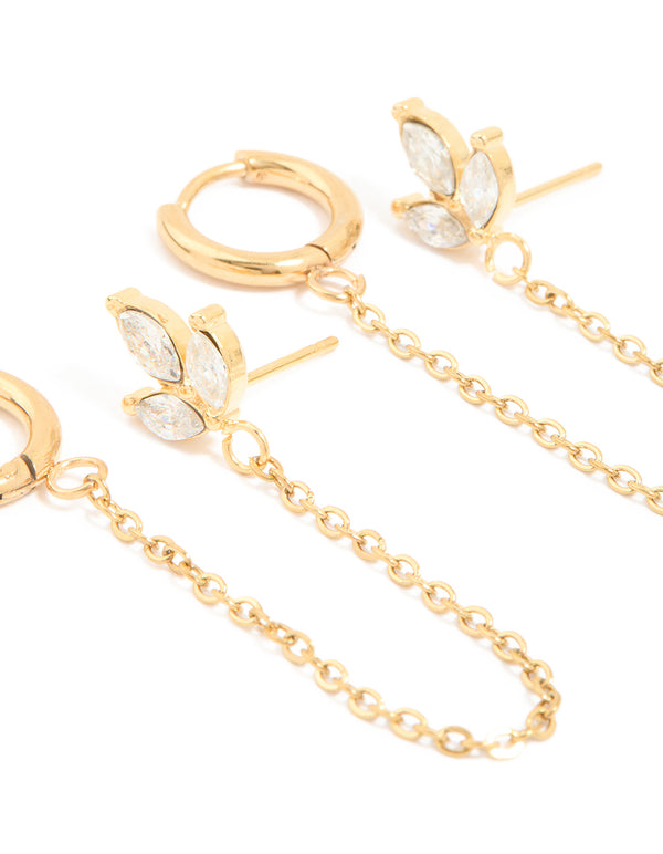 Waterproof Gold Plated Stainless Steel Cubic Zirconia Flower Hoop Chain & Flower Ear Stackers 2-Pack