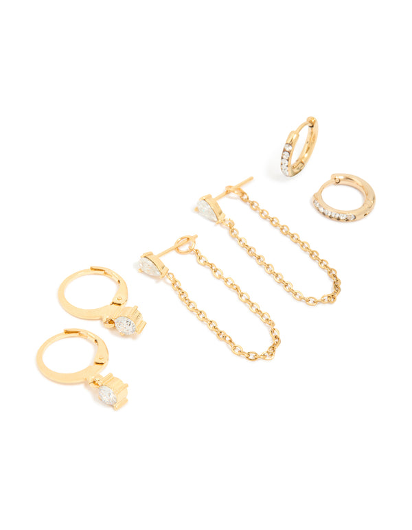 Waterproof Gold Plated Stainless Steel Cubic Zirconia Pavé Earrings Stacking Pack