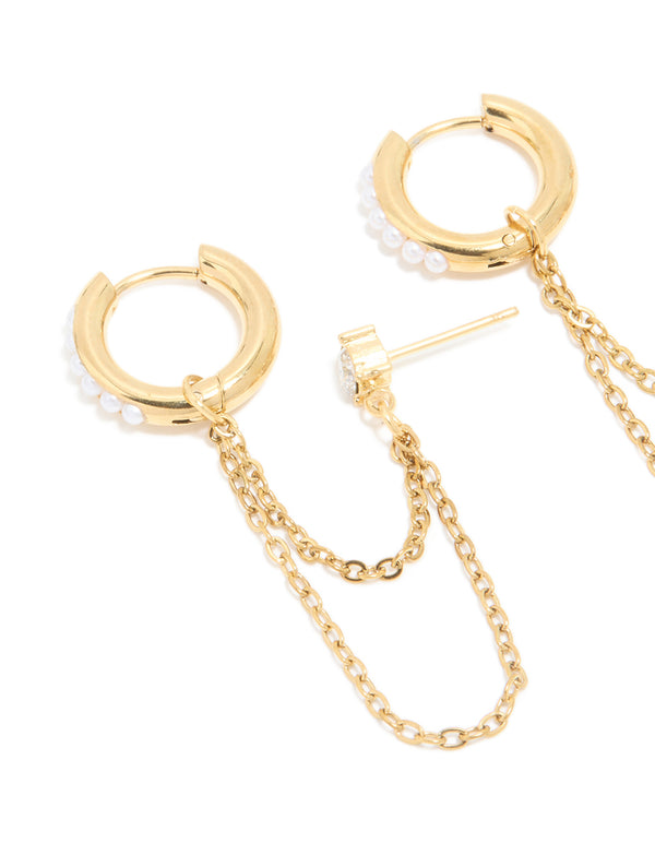 Waterproof Gold Plated Stainless Steel Pearl Cubic Zirconia Chain & Huggie Earrings Pack