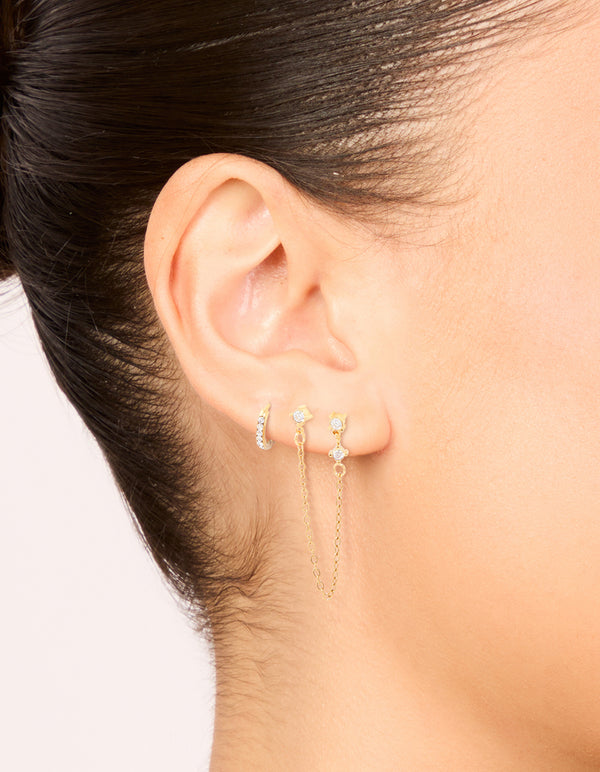 Elegantly styled waterproof gold plated stainless steel cubic zirconia huggie and chain ear stacking pack on ear view