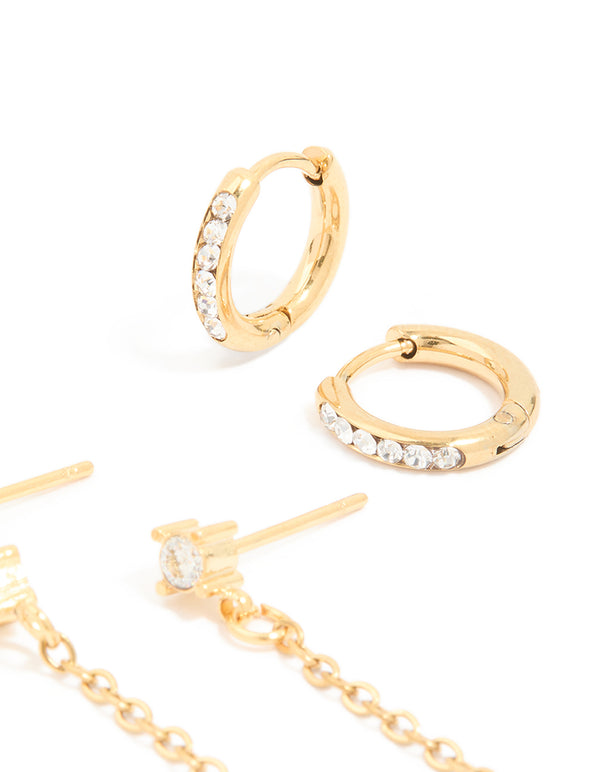 Crafted from waterproof gold plated stainless steel cubic zirconia huggie and chain ear stacking pack post detail view