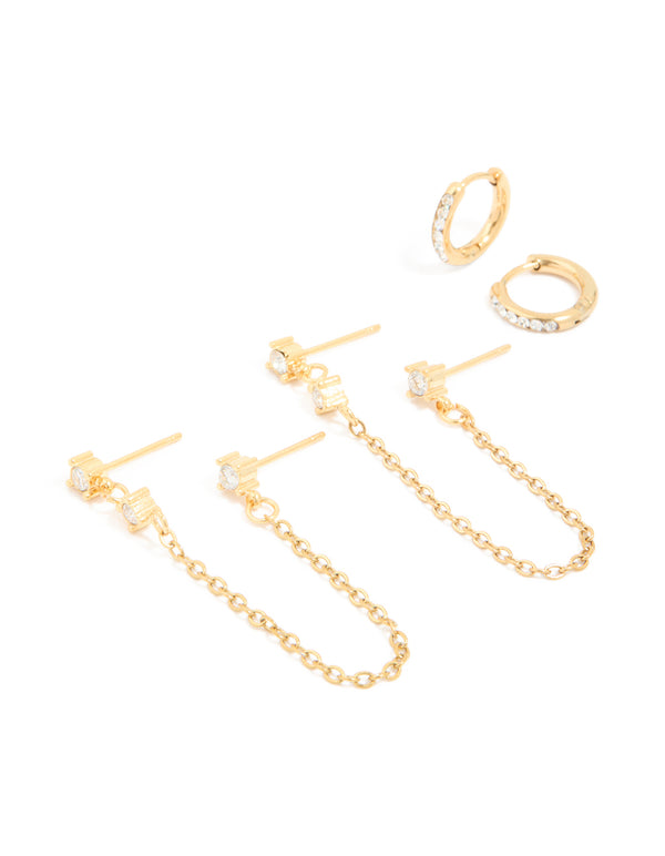 Showcasing waterproof gold plated stainless steel cubic zirconia huggie and chain ear stacking pack with stud closures front view