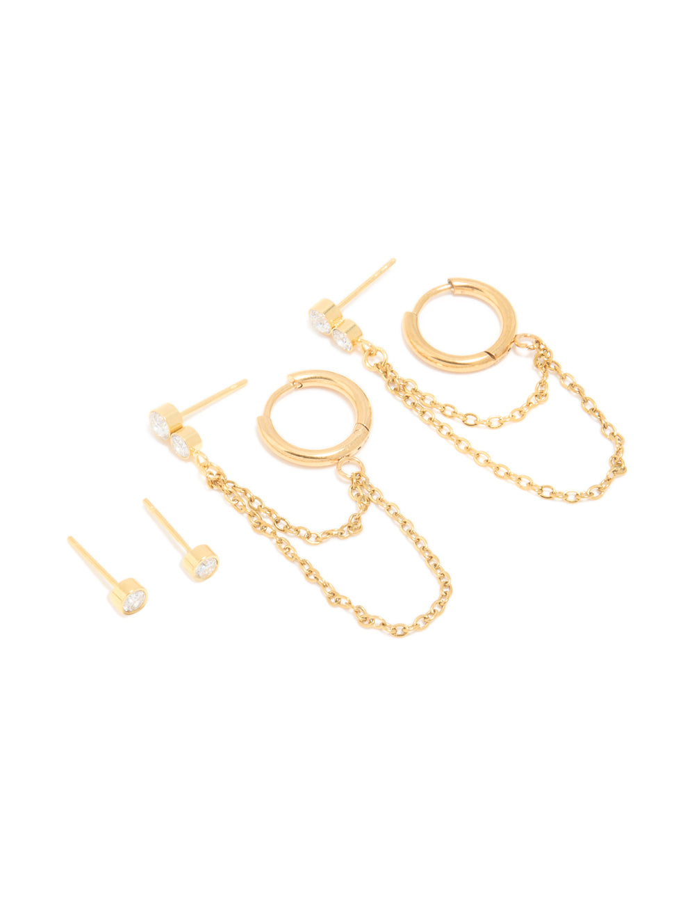 Showcasing waterproof stainless steel ear stacking pack with cubic zirconia stones, statement style, huggie and stud closures in gold plated finish front view