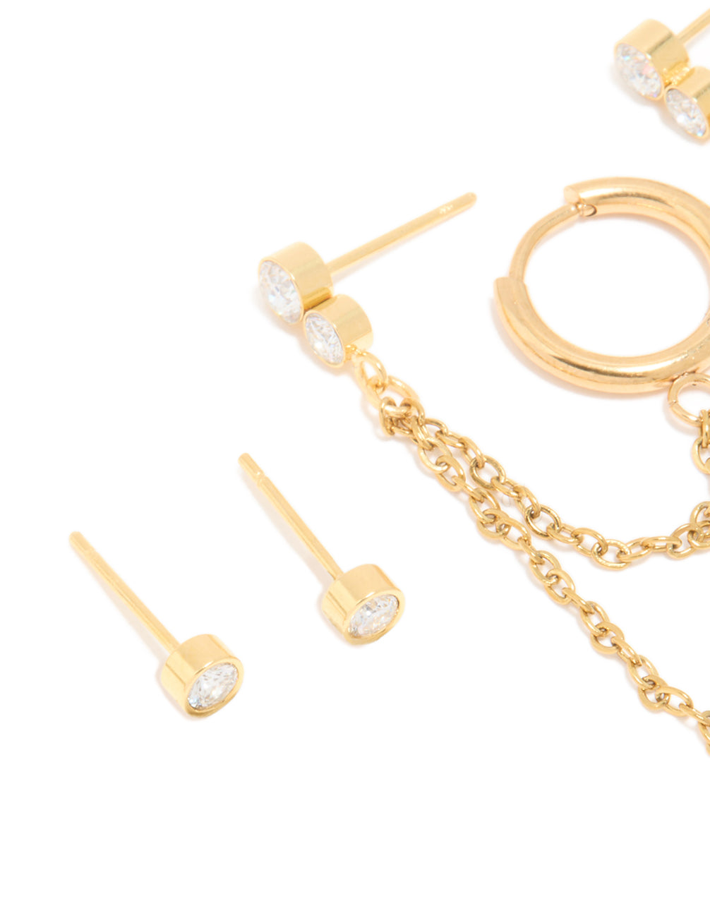 Designed with waterproof stainless steel ear stacking pack with cubic zirconia stones, statement style, huggie and stud closures in gold plated finish close up view