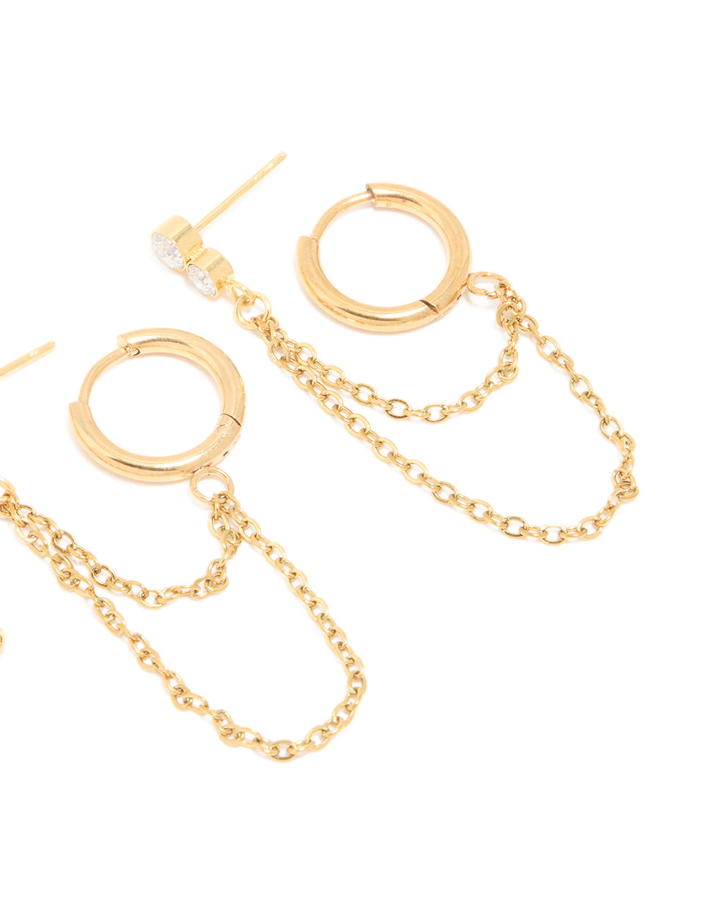 Discover waterproof stainless steel ear stacking pack with cubic zirconia stones, statement style, huggie and stud closures in gold plated finish post detail view