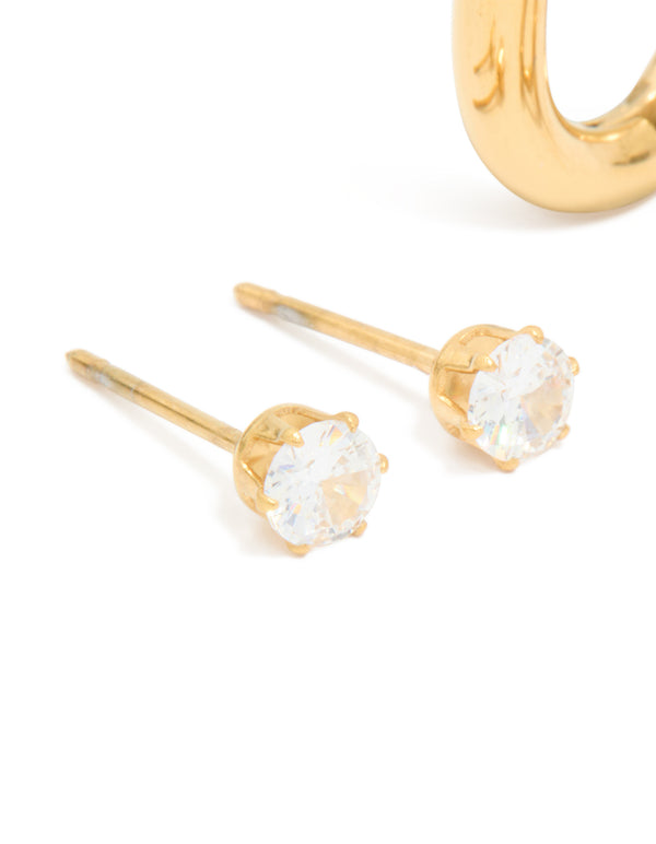 Designed with waterproof gold plated stainless steel and cubic zirconia in a 2-pack, rectangle hoop earrings close up view