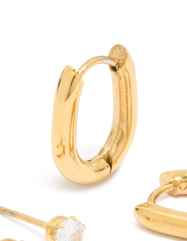 Designed with waterproof gold plated stainless steel and cubic zirconia in a 2-pack, rectangle hoop earrings close up view