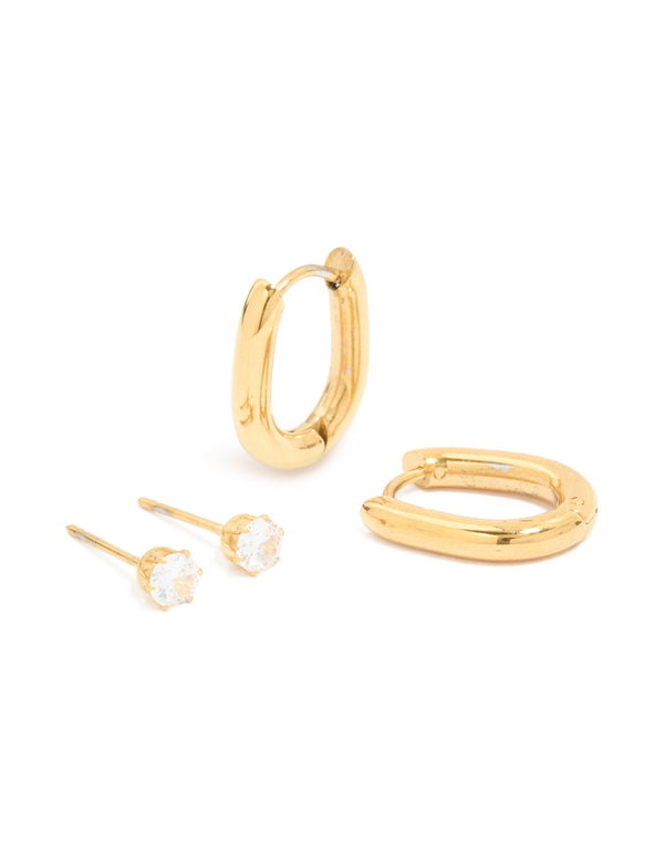 Discover waterproof gold plated stainless steel rectangle hoop earrings and cubic zirconia studs in a 2-pack front view
