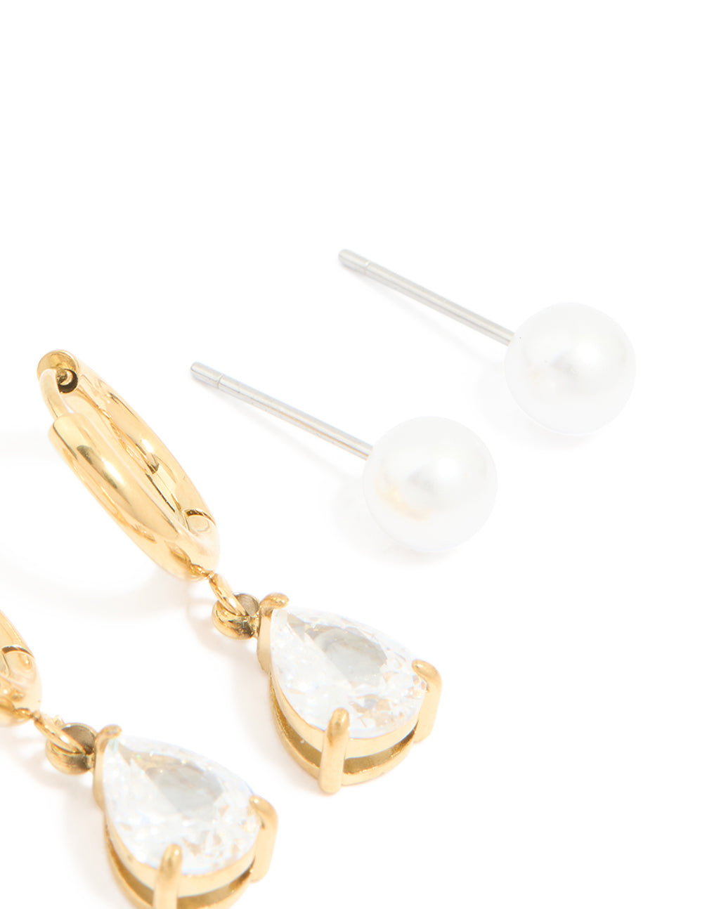 Designed with waterproof gold plated stainless steel cubic zirconia, pearl and balls ear stacking earrings pack post detail view