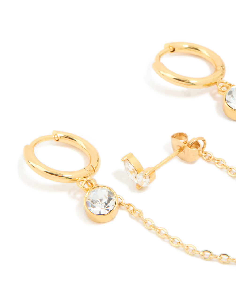 Elegant waterproof gold plated stainless steel cubic zirconia mixed earrings in a 2-pack with huggie and stud closure close up view