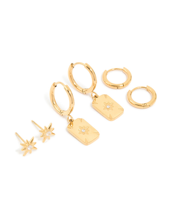 Featuring waterproof gold plated stainless steel cubic zirconia star disc and huggie earrings in a 3-pack with celestial accents front view