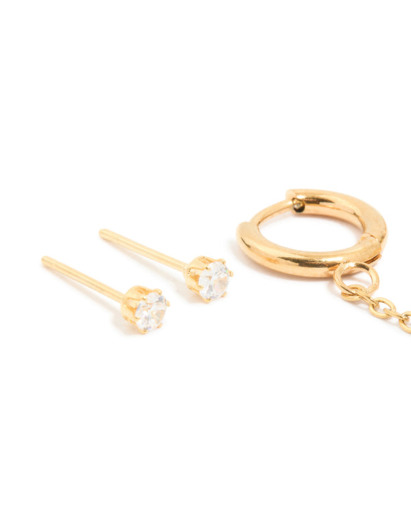 Showcasing waterproof gold plated stainless steel diamante stud and chain earrings in a 3-pack with huggie closure close up view