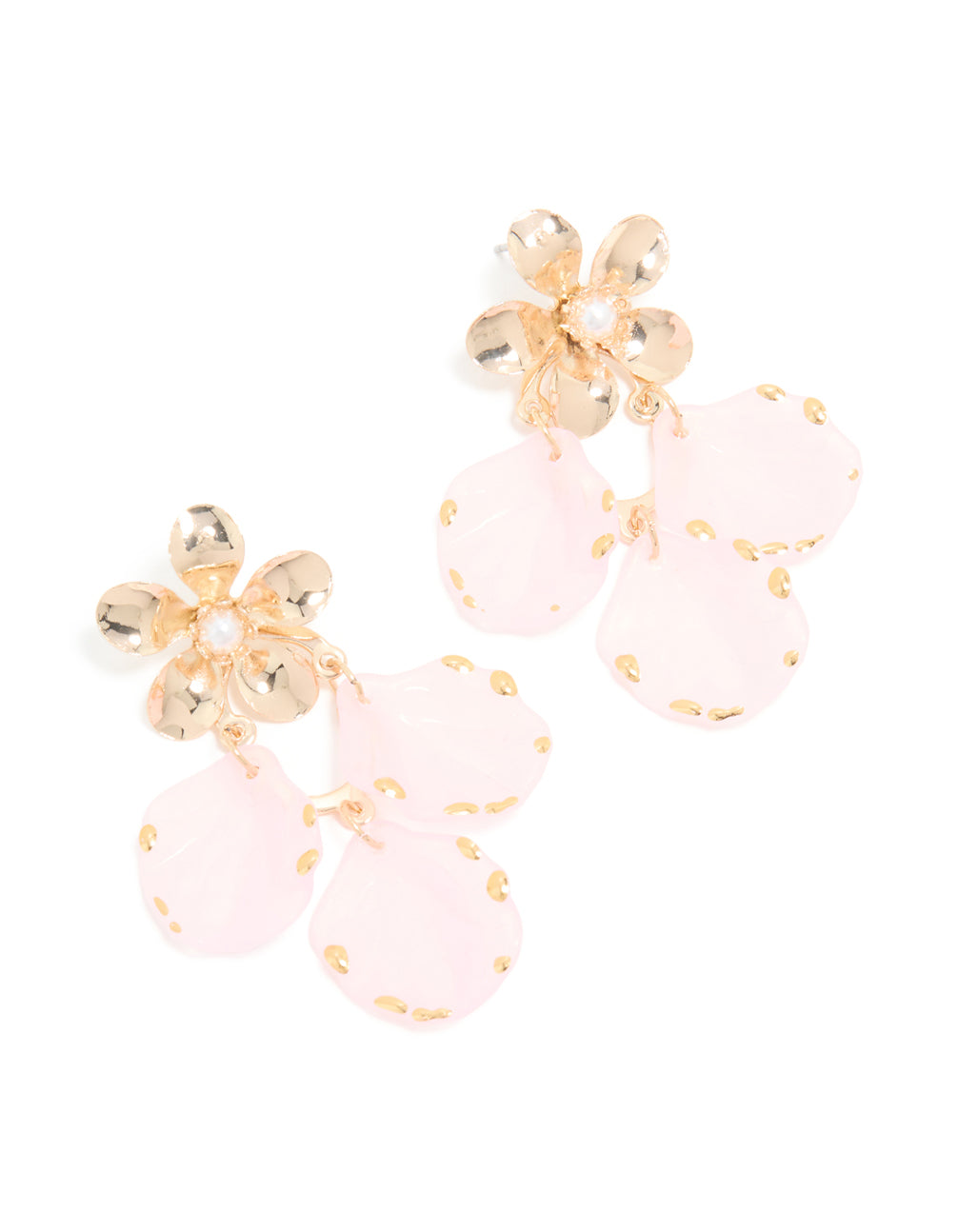 Gold Pink Flower Petal Drop Earrings