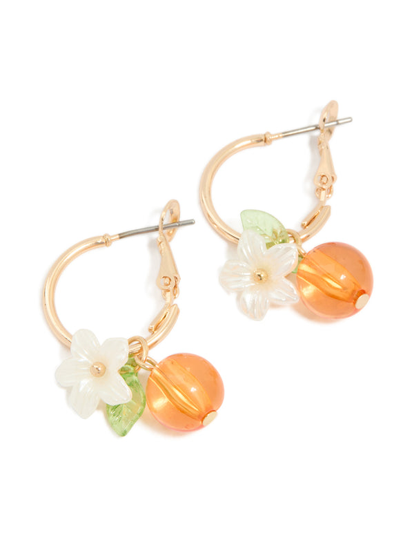 Gold Bee Orange Charm Huggie Earrings