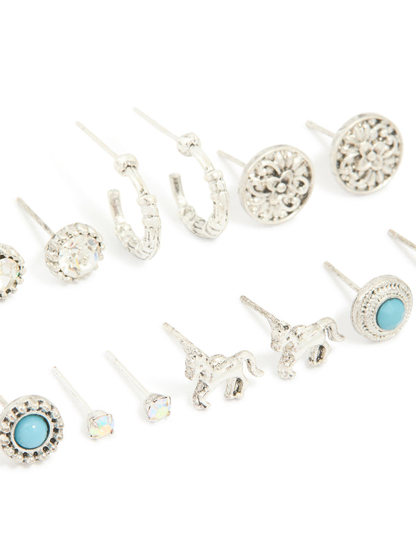Antique Silver Turquoise Stone & Unicorn Stud Earrings 8-Pack