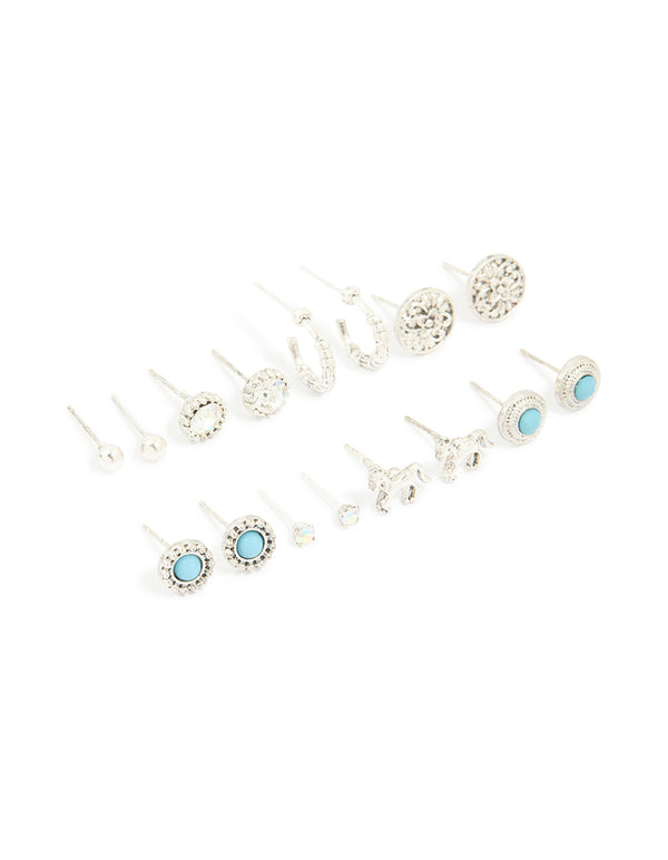 Antique Silver Turquoise Stone & Unicorn Stud Earrings 8-Pack
