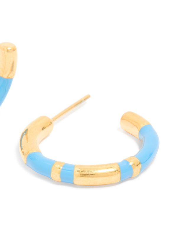 Waterproof Gold Plated Stainless Steel Small Blue Enamel Stripe Hoop Earrings