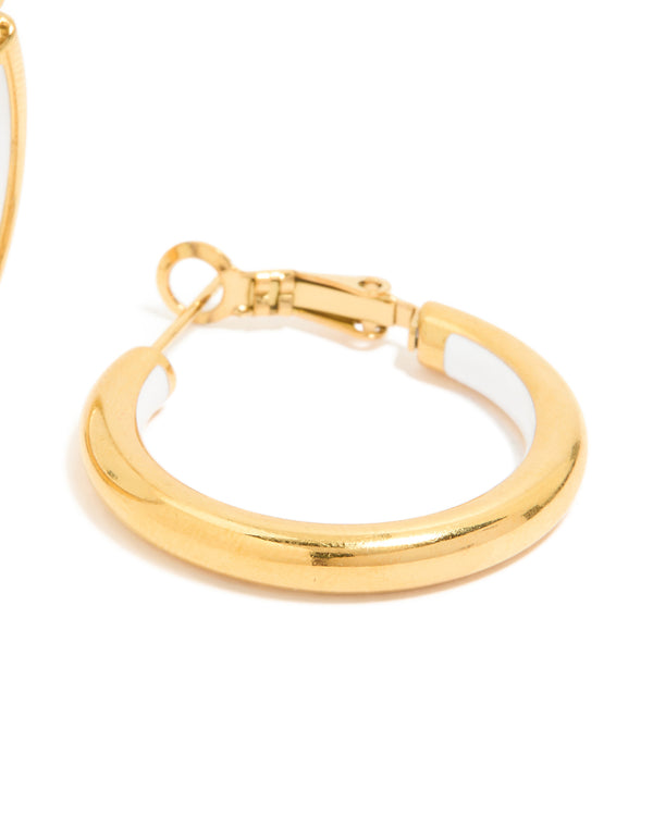 Highlighting waterproof gold plated stainless steel half white enamel hoop earrings clasp mechanism close up view
